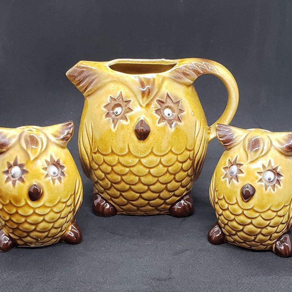 Ceramic Gold Owl Creamer and Salt & Pepper Set